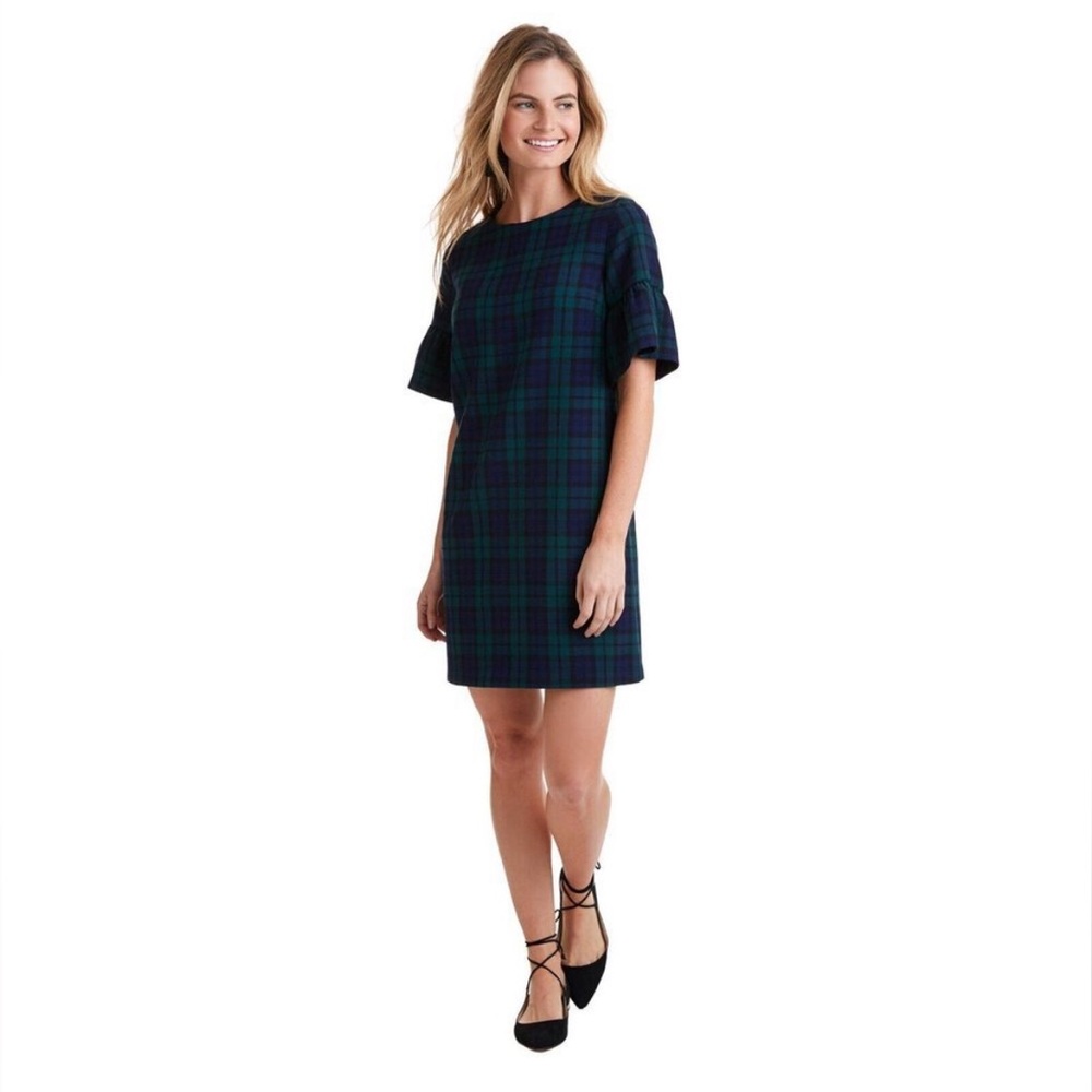 Vineyard Vines Green and Blue Mini Dress with 3/4 Flutter Sleeves